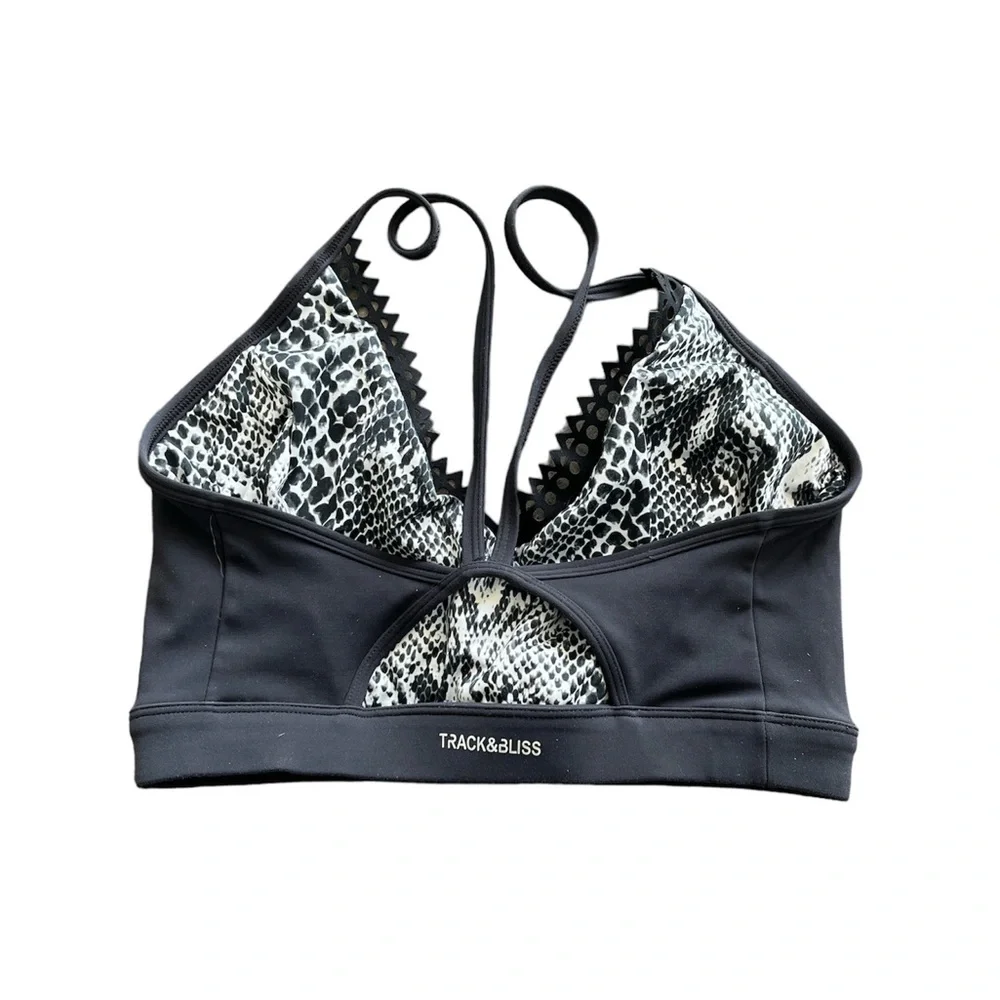 Track & Bliss reversible sports bra black‎ and snake pattern